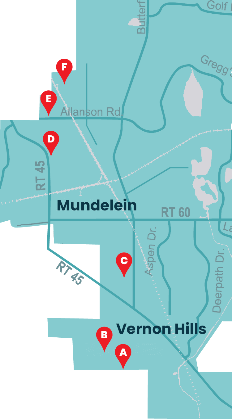 partial illustrated map of bookmobile stops in Mundelein and Vernon Hills