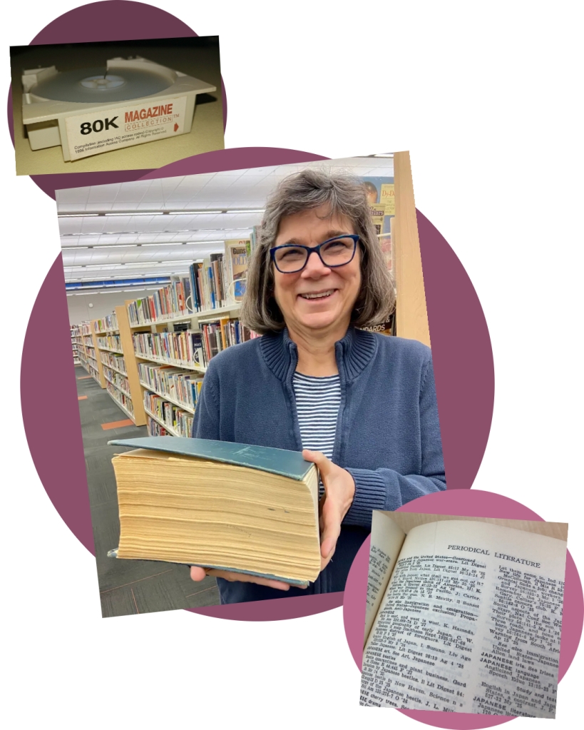 TOP IMAGE: An InfoTrac reel cartridge. MIDDLE: Mary holding a copy of the "Readers' Guide to Periodical Literature, 1925-1928". BOTTOM: A close-up of periodical topics.