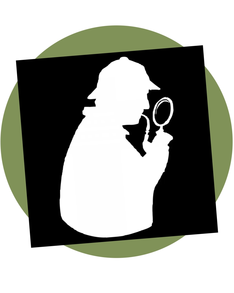 Graphic silhouette of Sherlock Holmes looking through a magnifying glass.