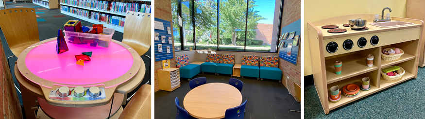 a collage of three horizontal images. The first is the new light table, the second is the new reading nook, and the third is the new play kitchen.