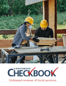 photo of two construction workers with the Chicago Consumers' Checkbook logo underneath. Text reads "Unbiased reviews of local services."