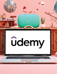 A laptop computer featuring the Udemy logo on the screen.