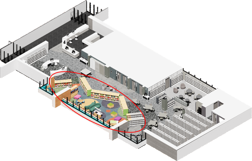 Rendering of the new children's area with the new play space circled in red.